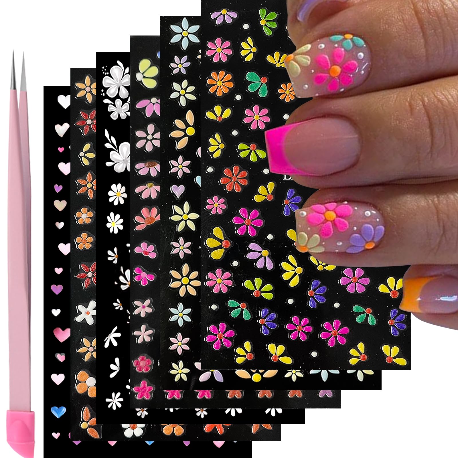 VOTACOS front packaging showing six floral decal sheets and included tweezers, quick styling