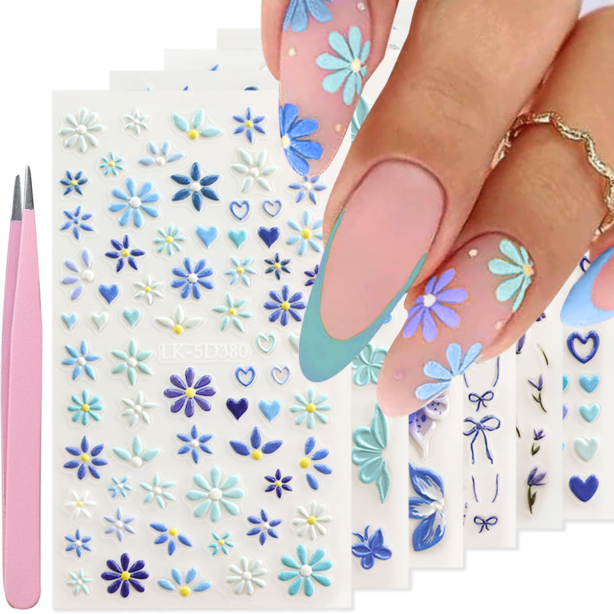VOTACOS front packaging showing six floral decal sheets and tweezers, easy selection benefit