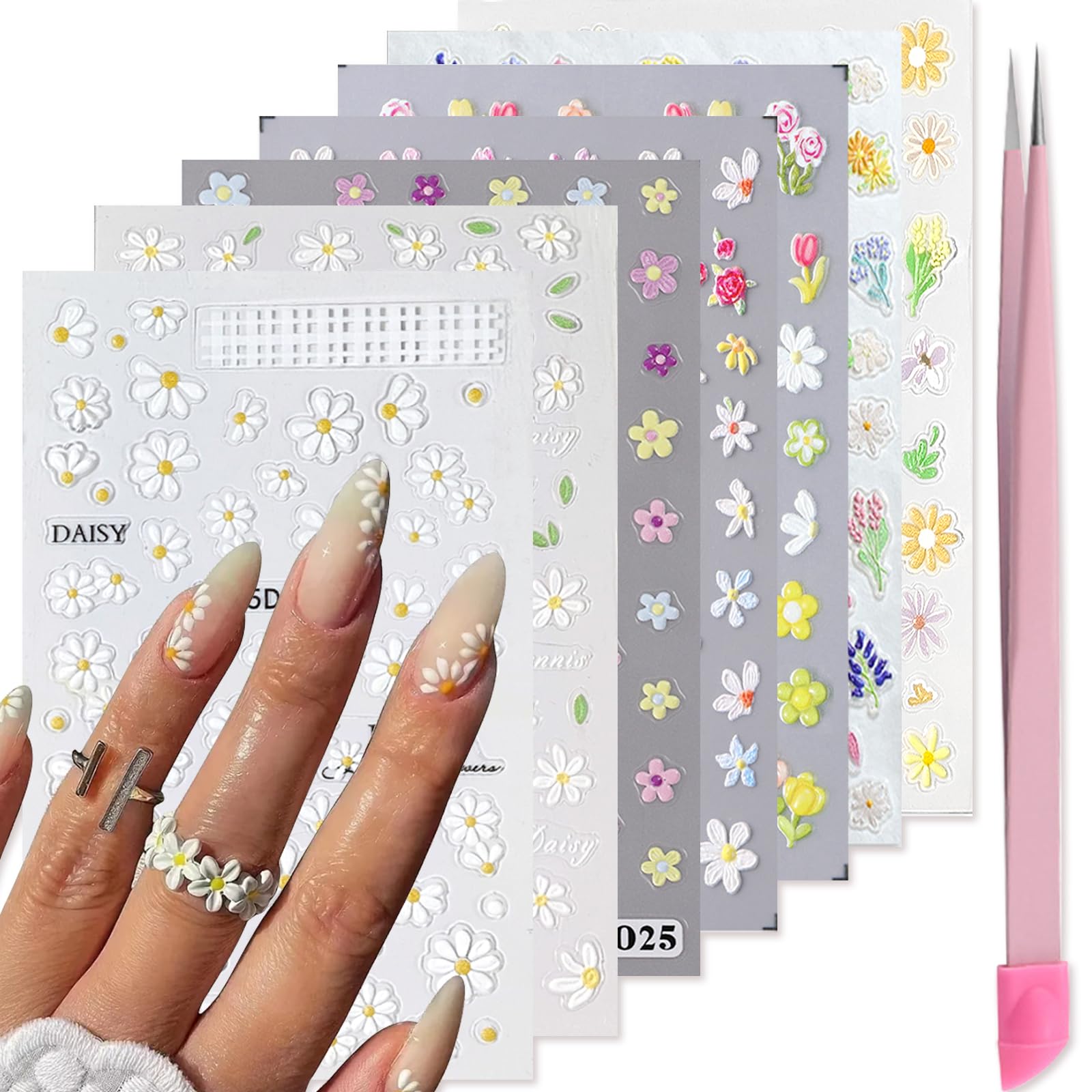 VOTACOS front packaging showing seven floral decal sheets and tweezers benefit quick setup