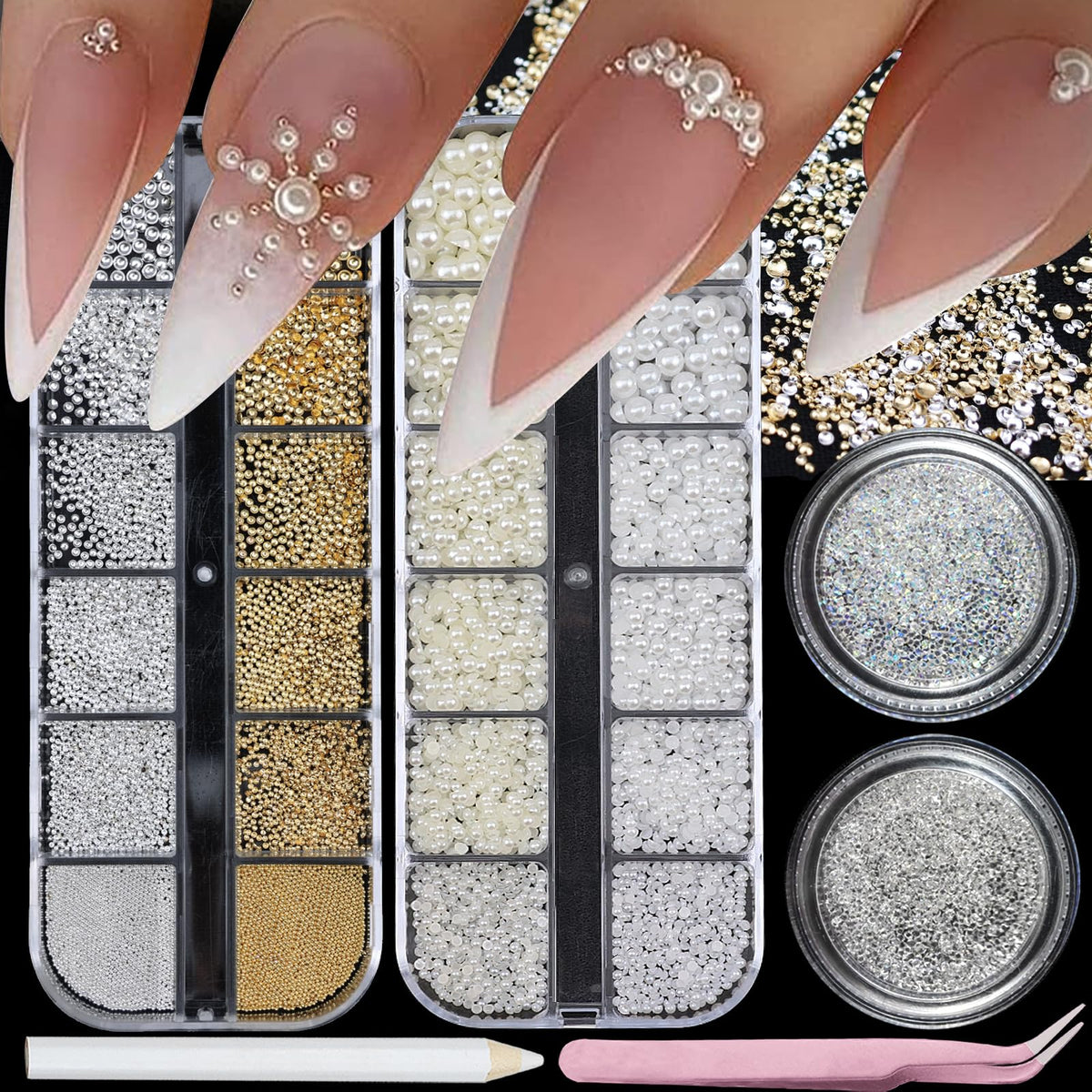VOTACOS front packaging showing assorted pearls and rhinestones for easy selection
