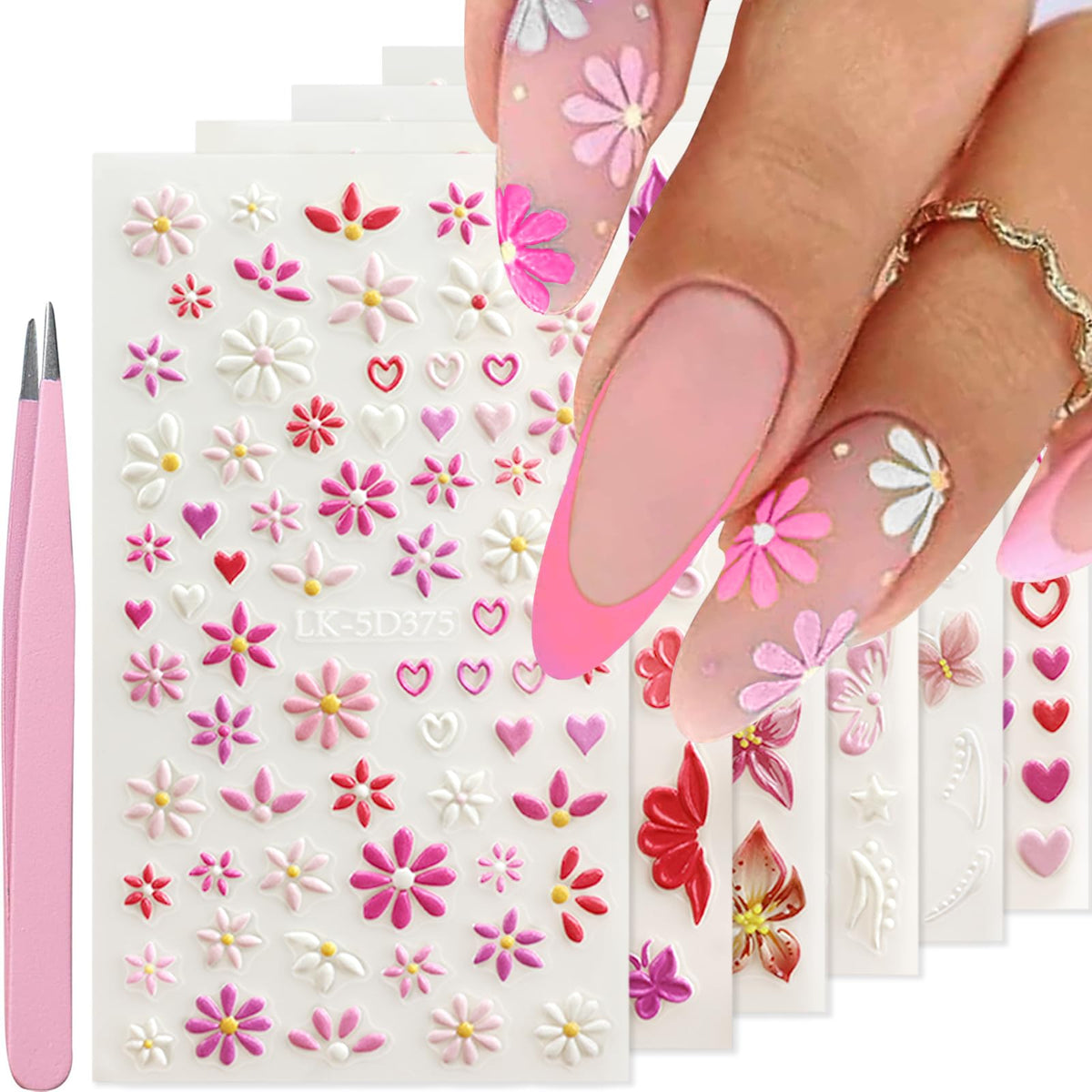 VOTACOS front view of six sticker sheets showing floral and heart variety, easy styling benefit
