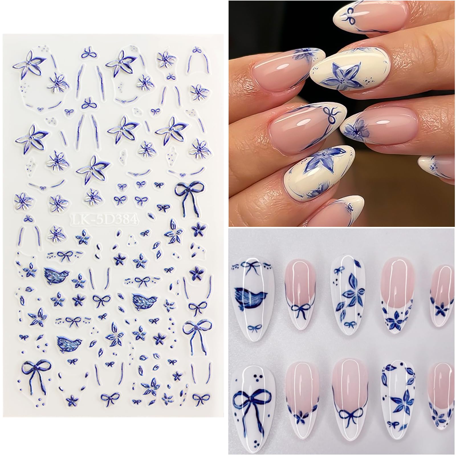 Applied VOTACOS blue and purple floral decals on nails, instant salon-style benefit