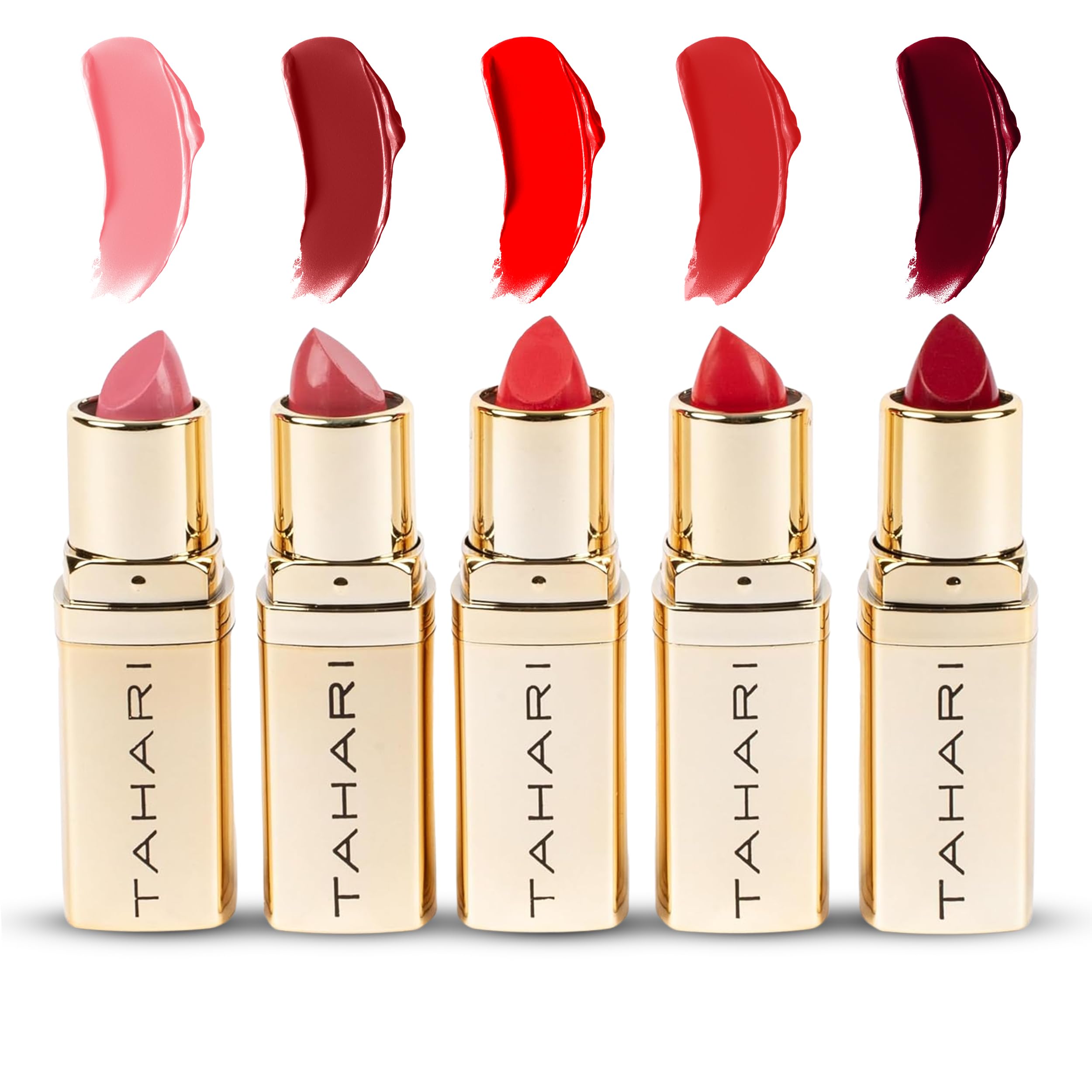 VOTUM Tahari front packaging showing five red lipsticks, convenient set
