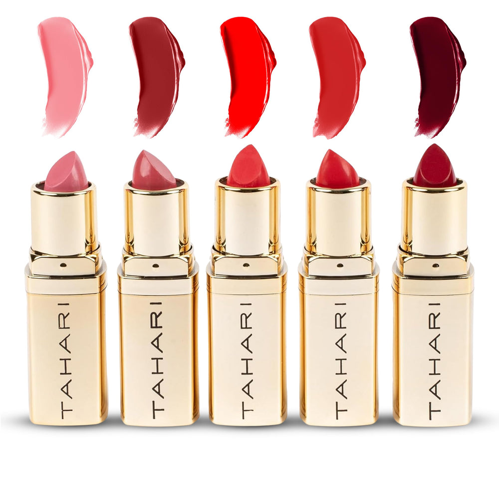VOTUM Tahari front packaging showing five red lipsticks, convenient set