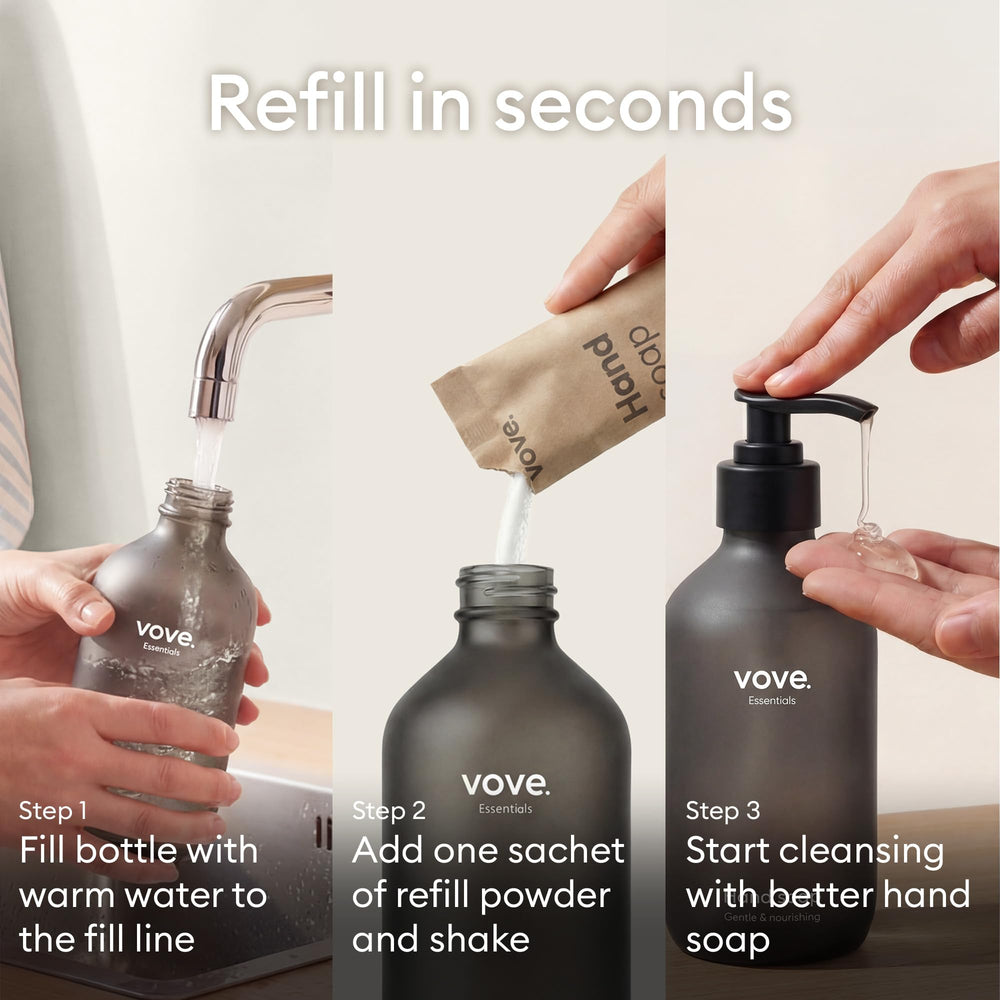 Vove compostable sachet detail emphasizing eco-friendly packaging and reduced plastic waste