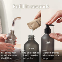 Vove compostable sachet detail emphasizing eco-friendly packaging and reduced plastic waste