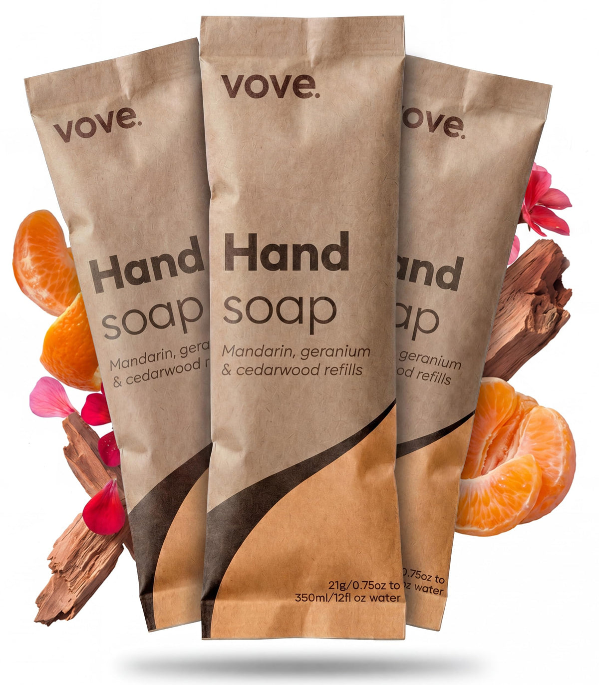 Vove front packaging showing three refill sachets and scent labels for easy identification and convenience