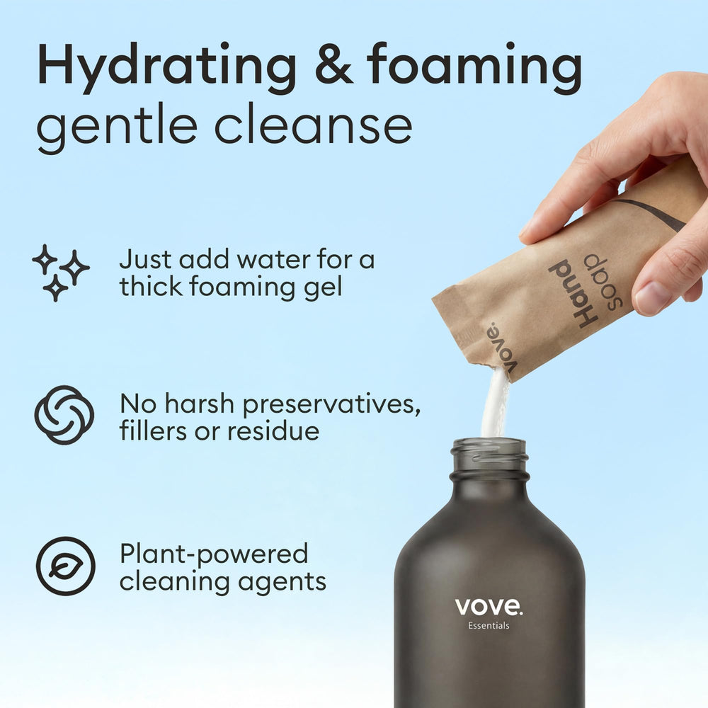 Vove mixing powder into bottle with warm water demonstrating fast 30-second refill convenience