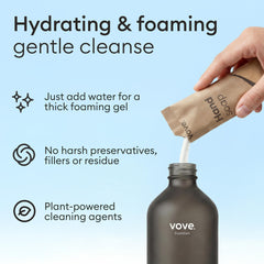 Vove mixing powder into bottle with warm water demonstrating fast 30-second refill convenience