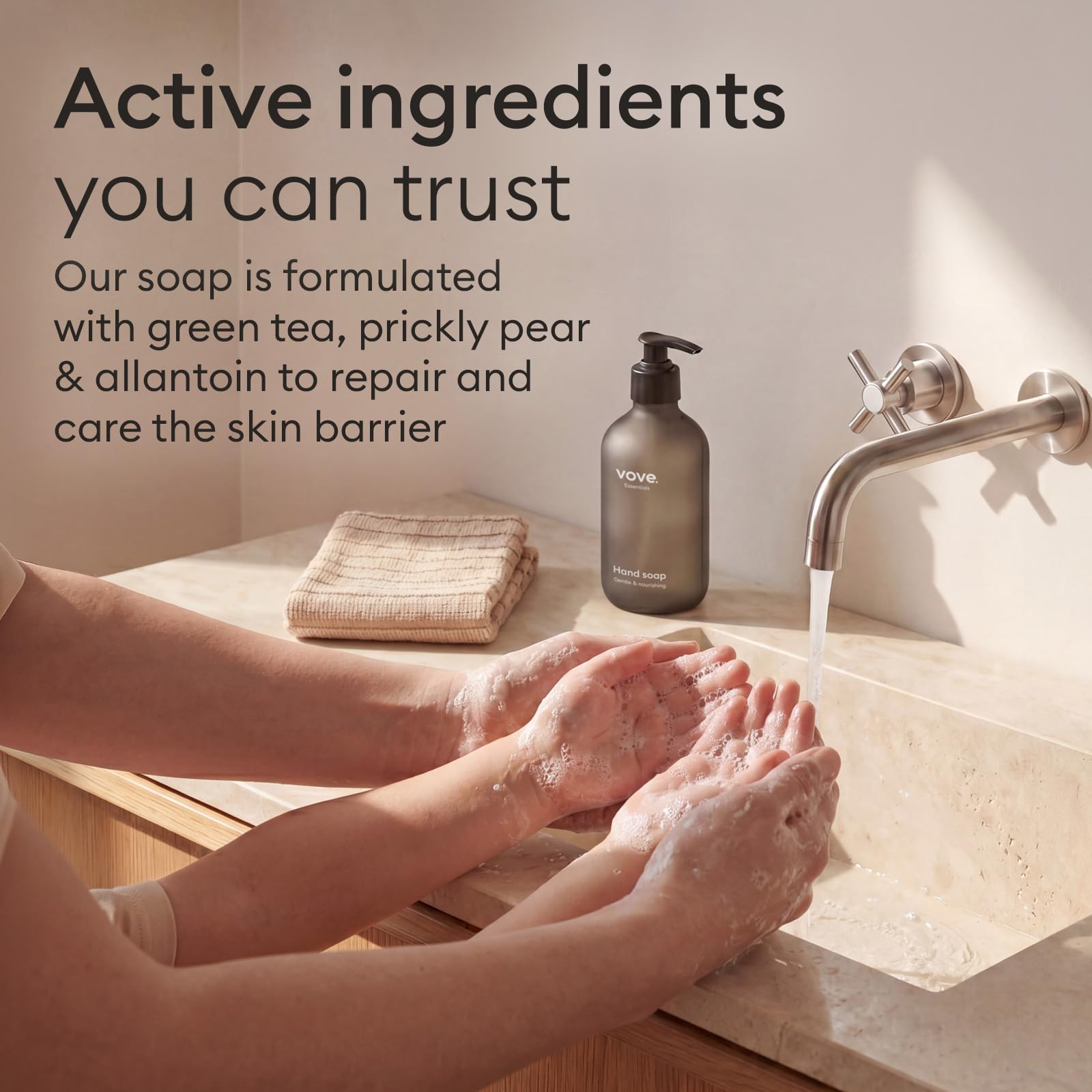 Vove rich foam lather on hands showcasing gentle cleansing and moisturized-feeling skin