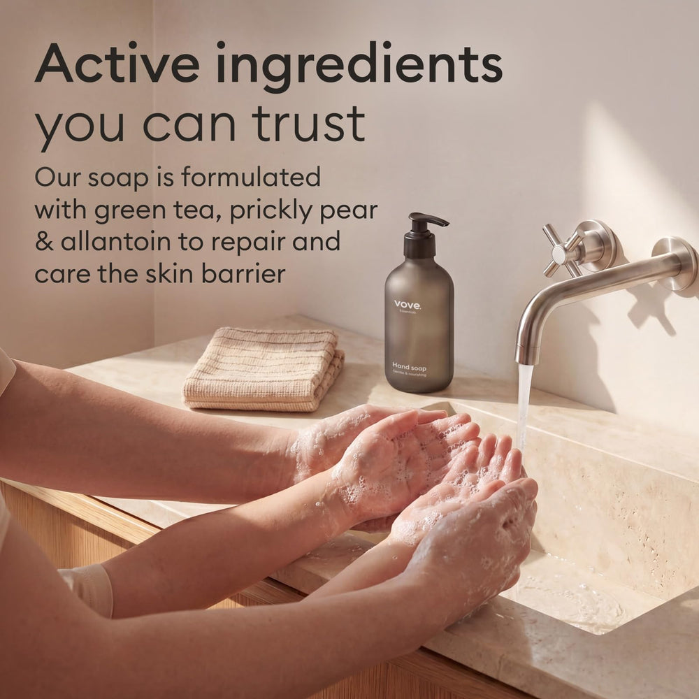 Vove rich foam lather on hands showcasing gentle cleansing and moisturized-feeling skin