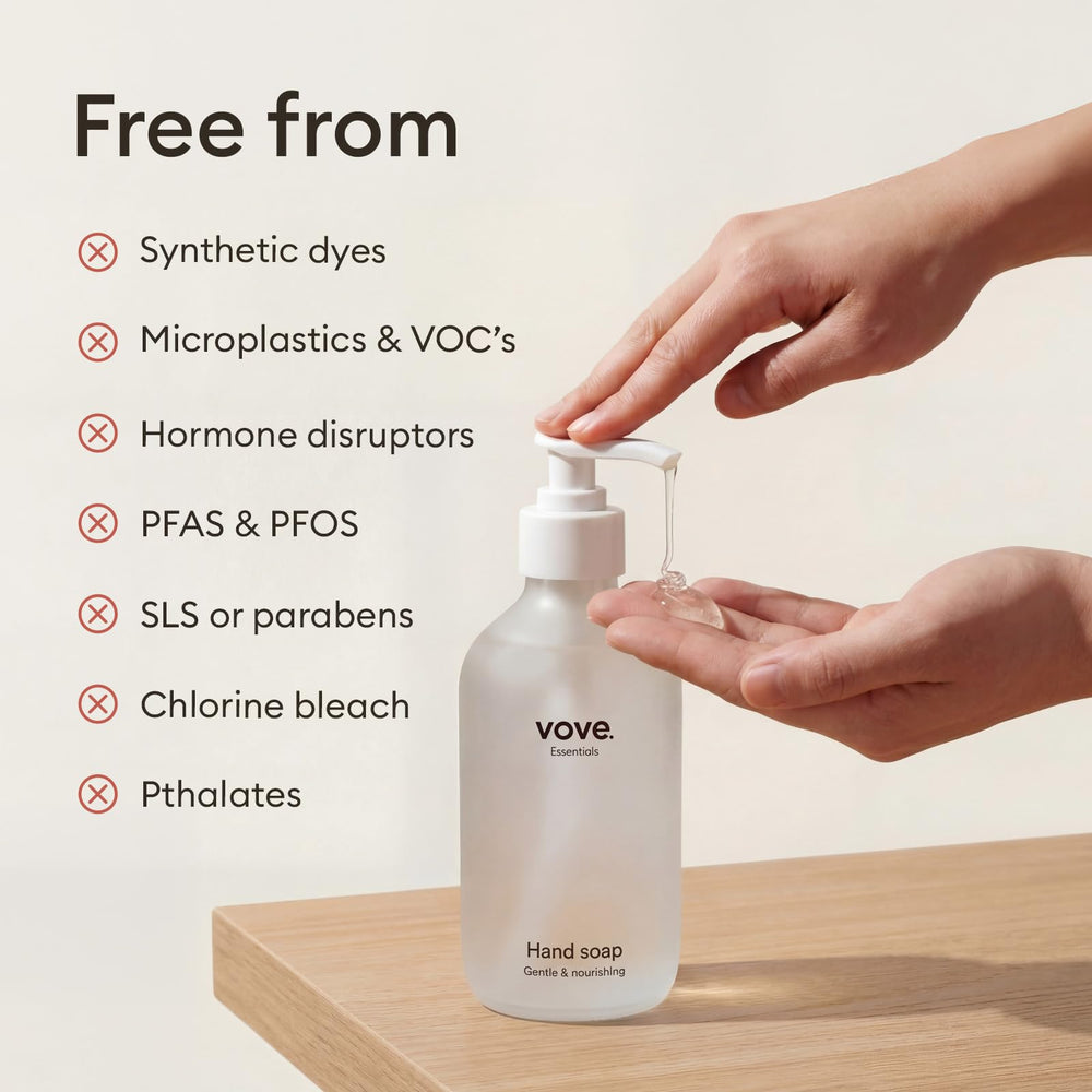 Vove three refills beside an open dispensing bottle demonstrating total 1050ml output and cost-effectiveness