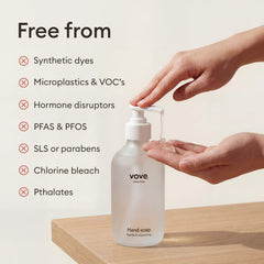 Vove three refills beside an open dispensing bottle demonstrating total 1050ml output and cost-effectiveness