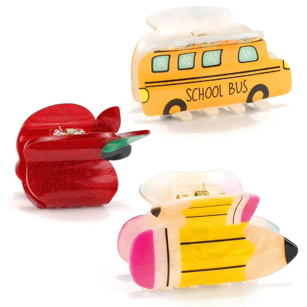 Vovii front view of three teacher-themed clips showing shapes and colors, good for gift selection