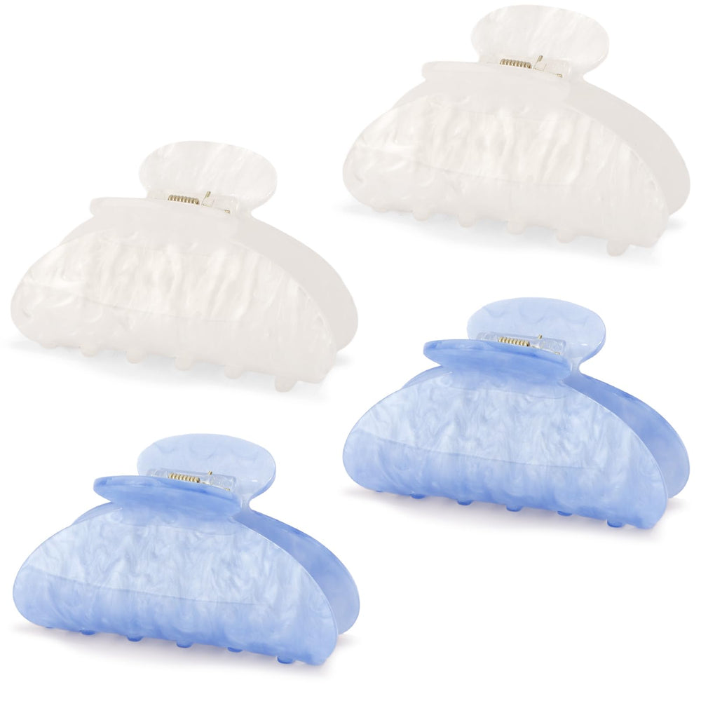 Vovii front view of four blue and white acrylic clips, shows color variety and convenience