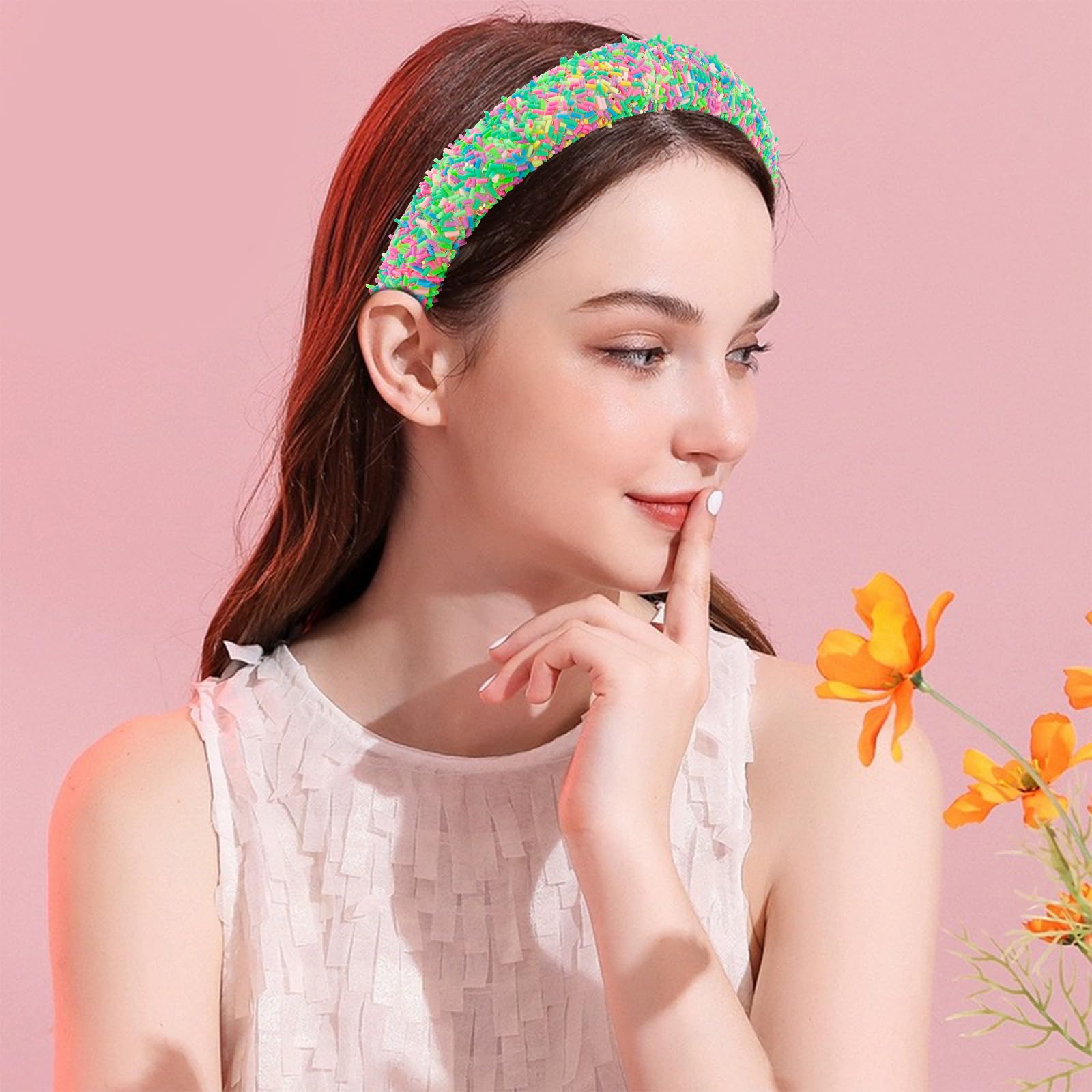 Vovii model wearing hot pink headband demonstrating playful style and stay-put fit