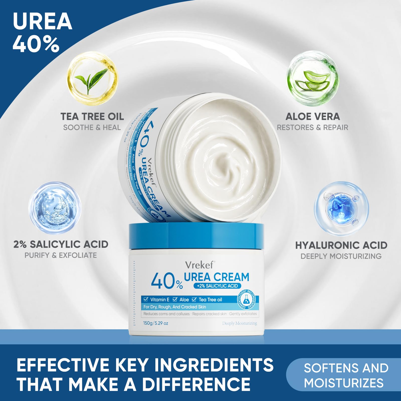 VREKEF cream texture close-up showing smooth non-greasy formula benefit