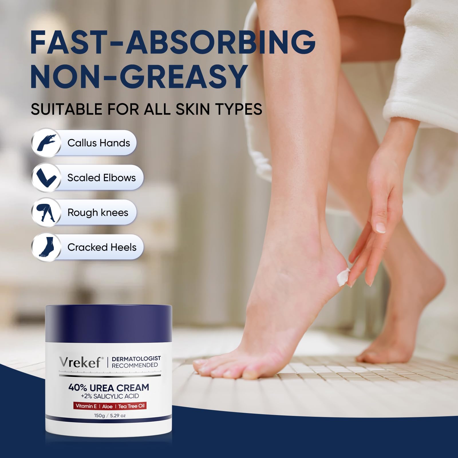 VREKEF cream on feet with socks demonstrating overnight moisture