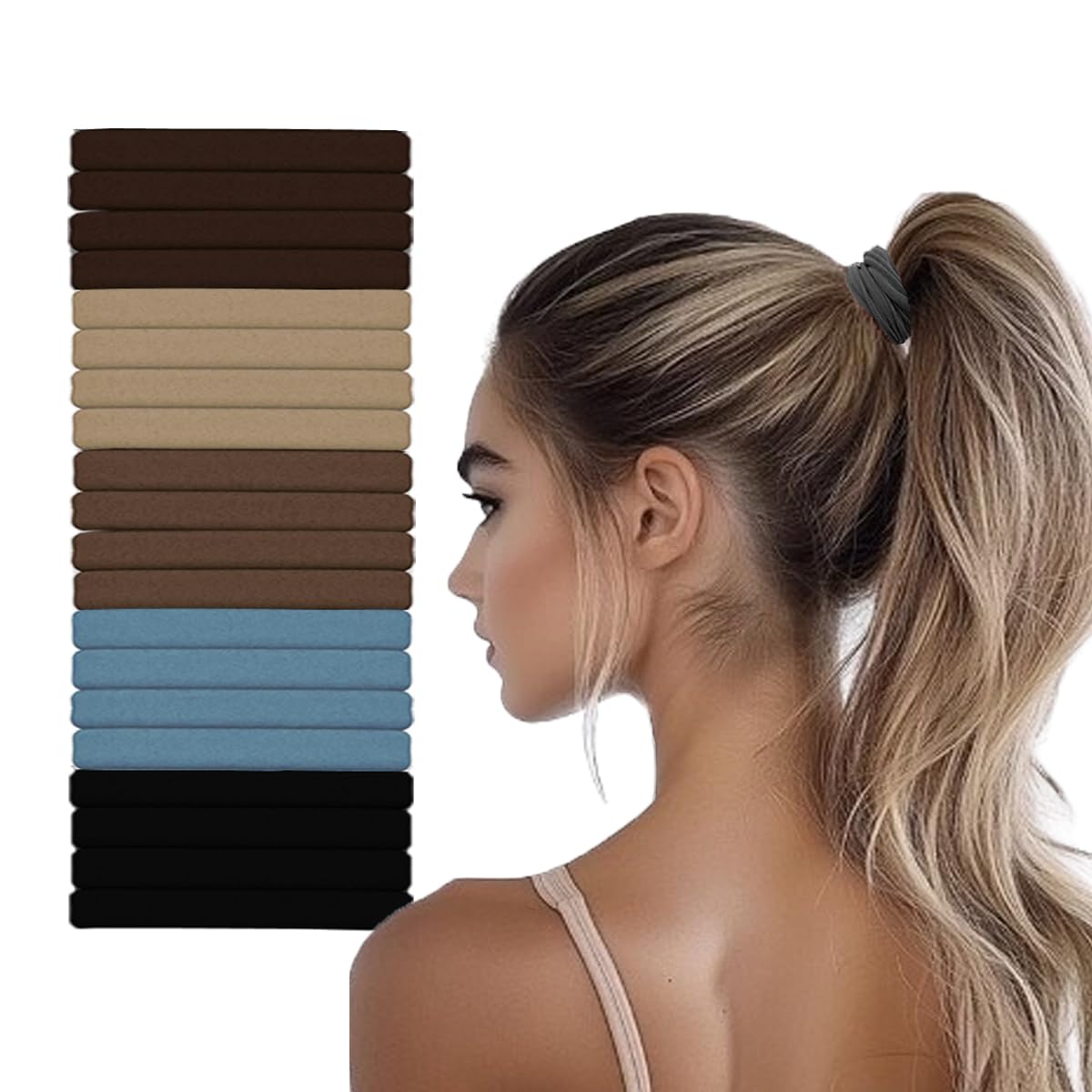 Vrose Flosi front packaging showing 20 no-damage hair ties for reliable daily hold