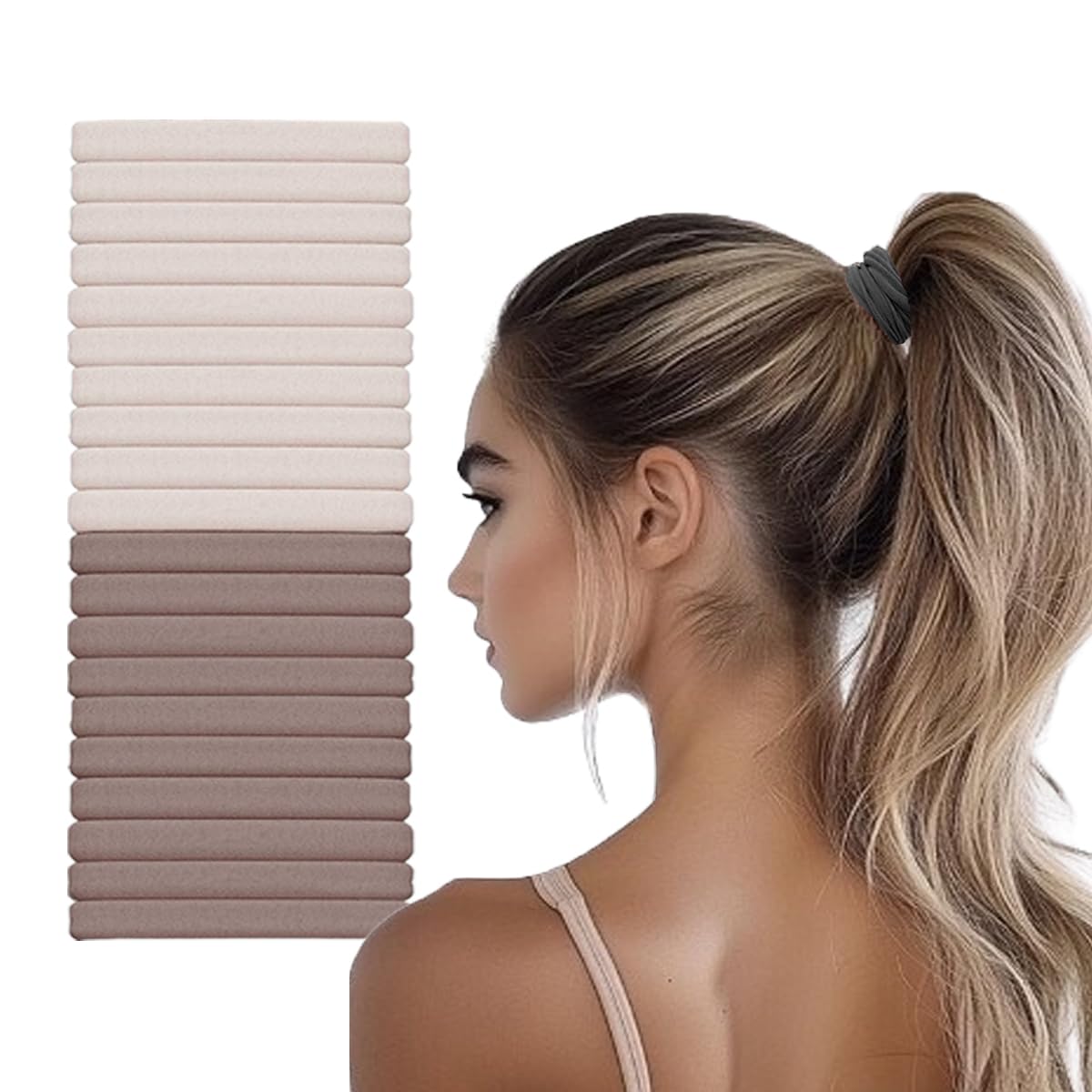 Vrose Flosi front packaging showing 20-piece blush hair ties and tidy storage benefit