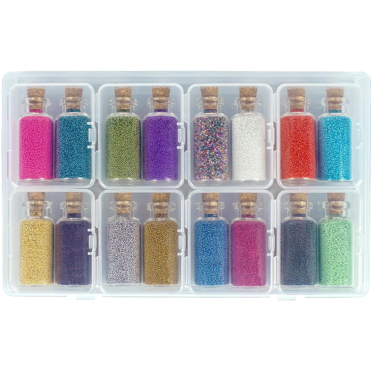 Vryctonx front packaging showing 16 colored glass bead bottles and organizer for neat storage and variety