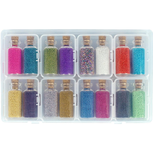 Vryctonx front packaging showing 16 colored glass bead bottles and organizer for neat storage and variety