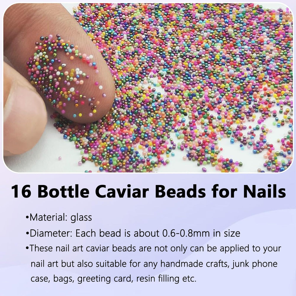 Vryctonx beads beside a fingertip to show 0.6–0.8mm size and suitability for delicate nail art