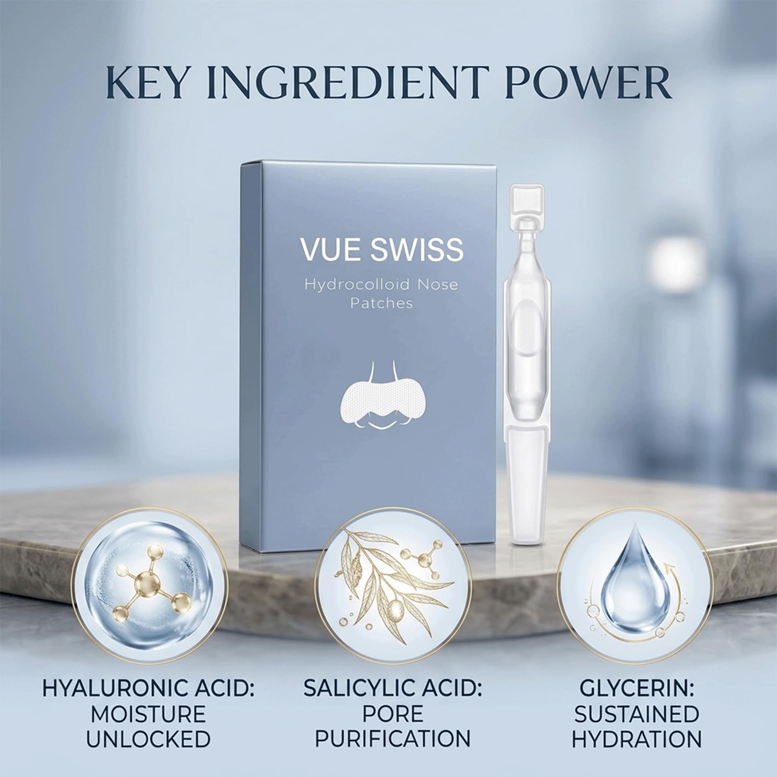 Vue Swiss single essence vial detail demonstrating fresh hydration boost