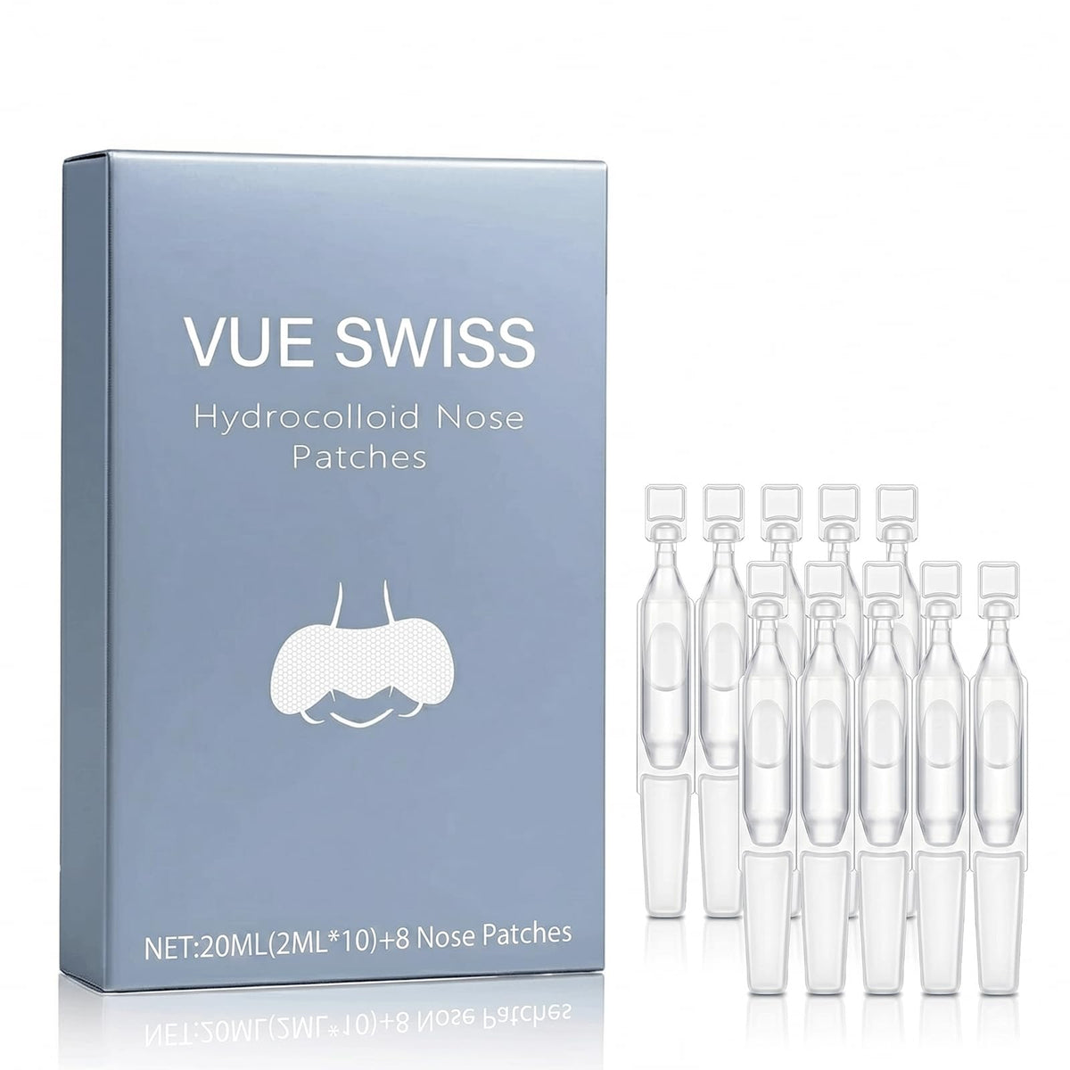 Vue Swiss front package showing product and included vials for clear presentation
