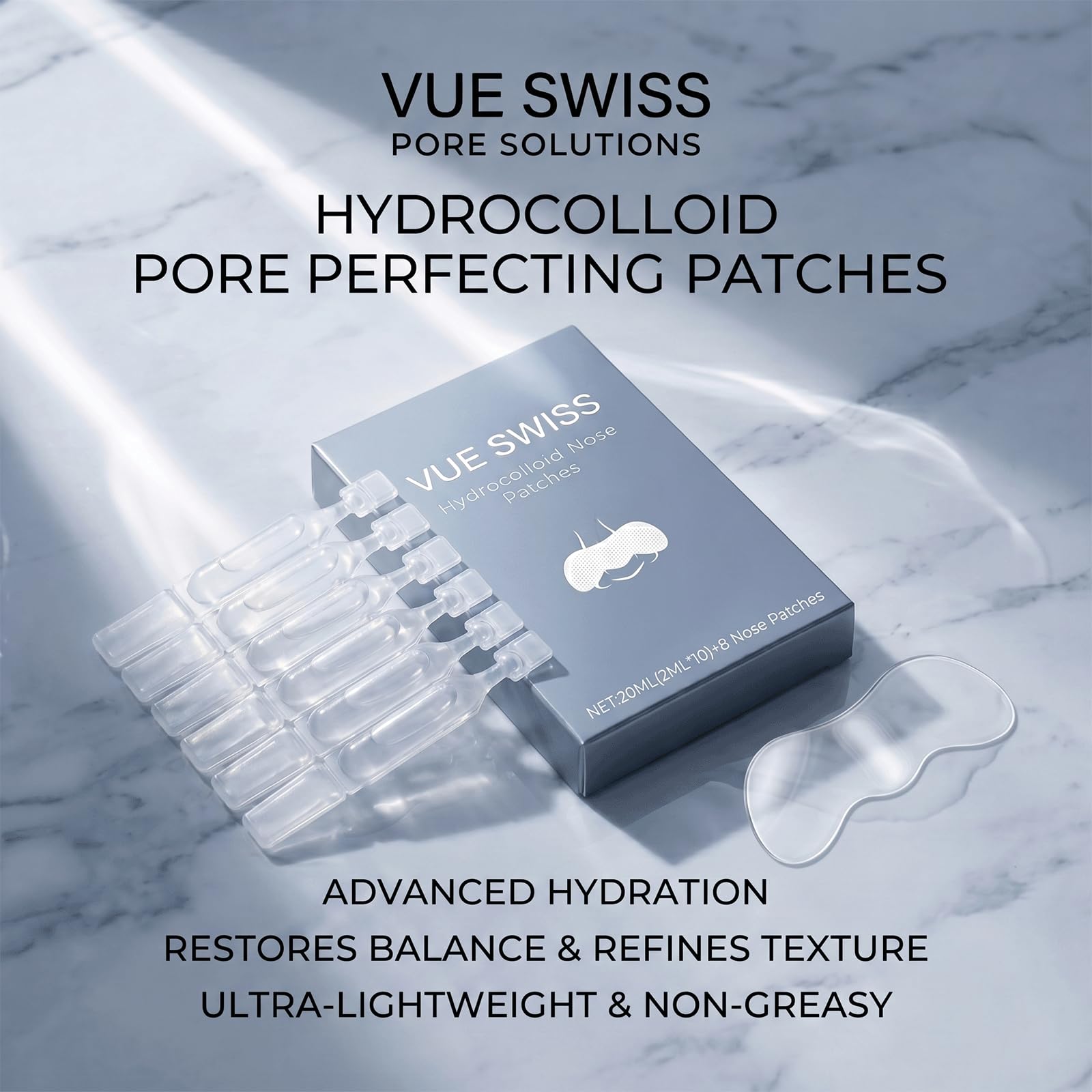 Vue Swiss patch texture close-up showing thin, flexible hydrocolloid for comfort