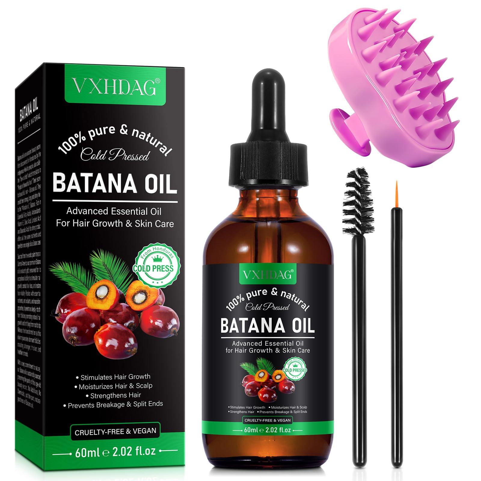 vxhdag bottle front view showing Batana oil and product benefit shine