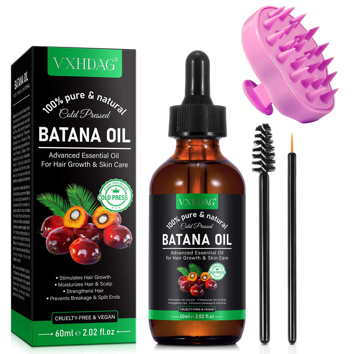 vxhdag bottle front view showing Batana oil and product benefit shine