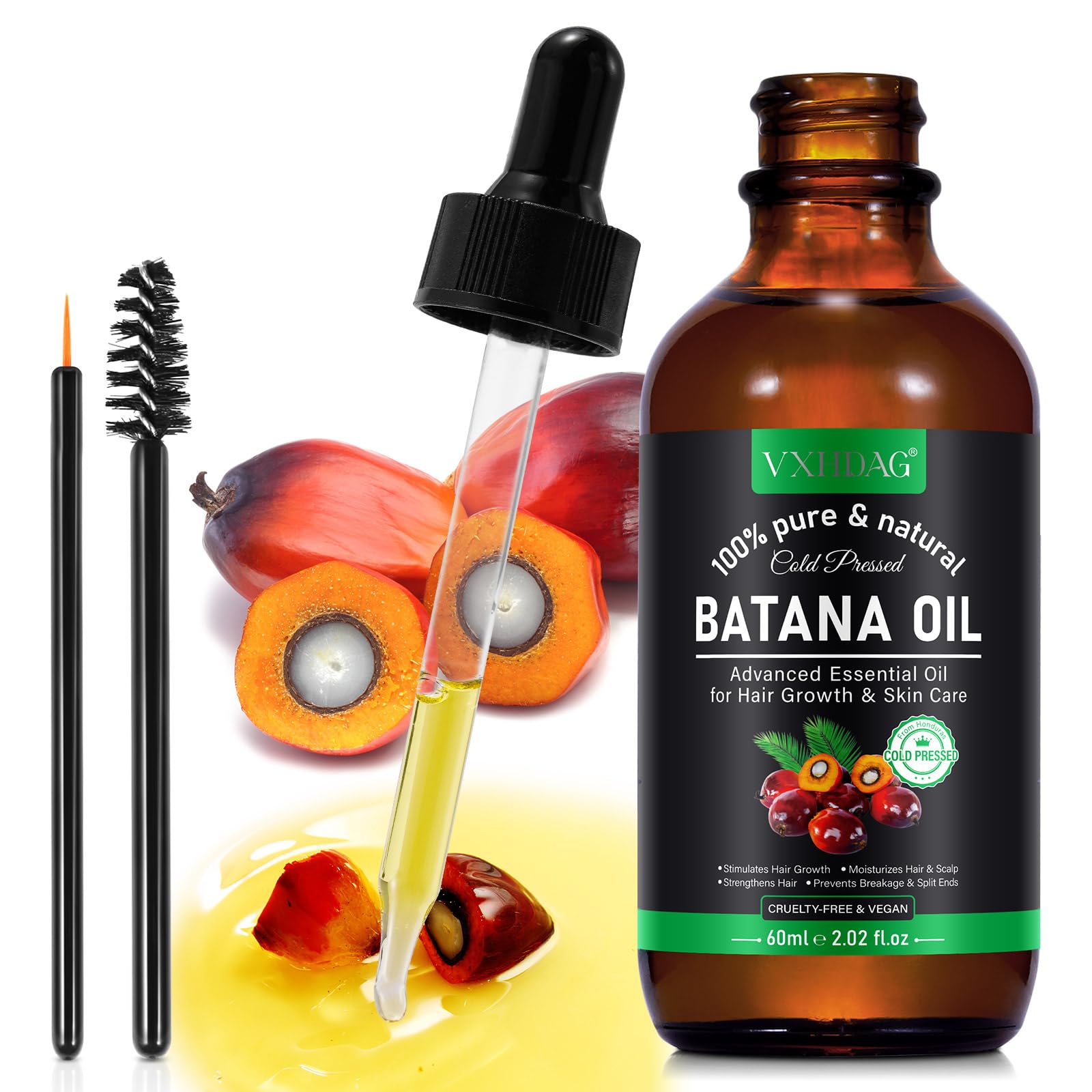 Drop of VXHDAG Batana oil pouring from bottle demonstrating easy dosing