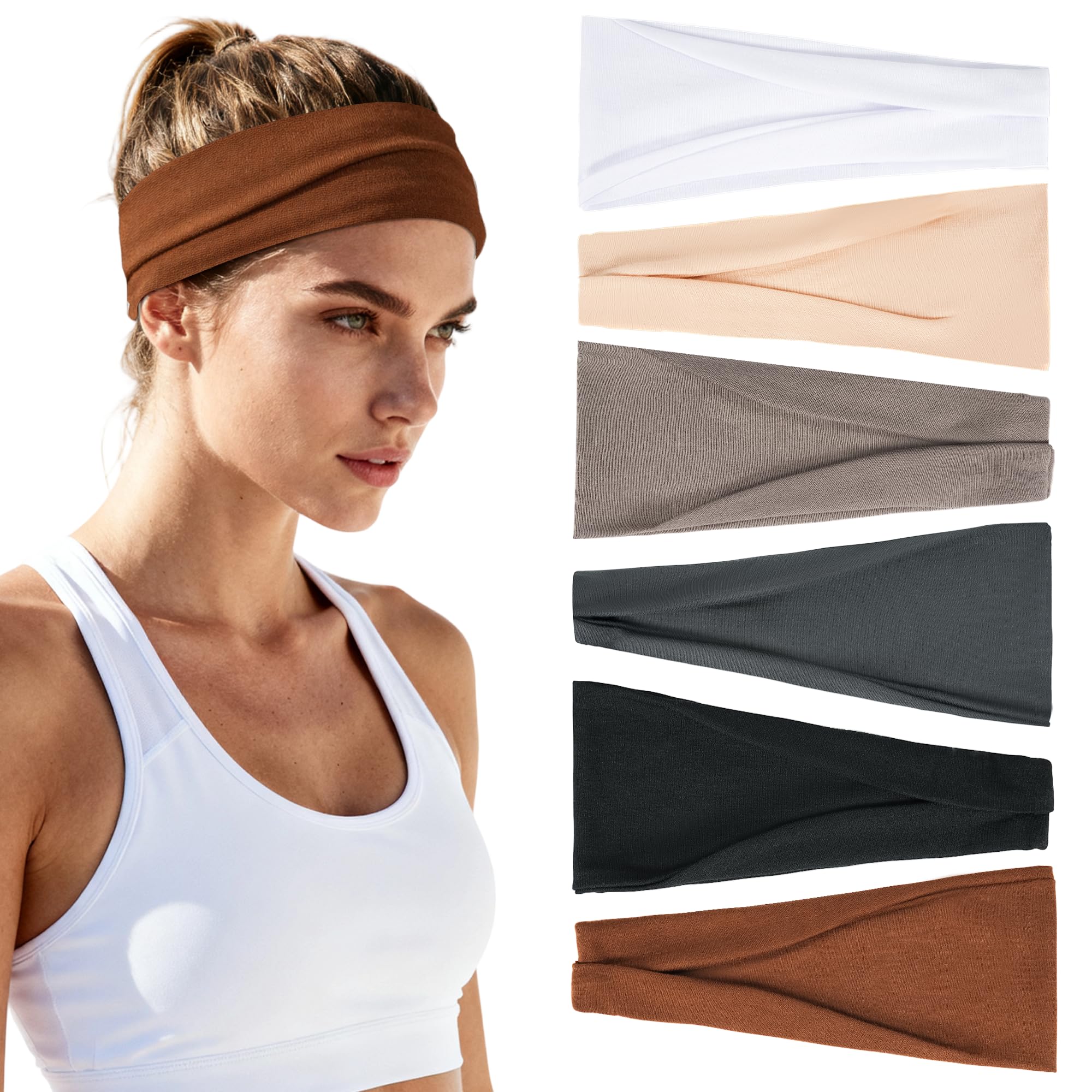 Vylxuxa front view of six-pack headbands showing neutral colors and compact packaging benefit