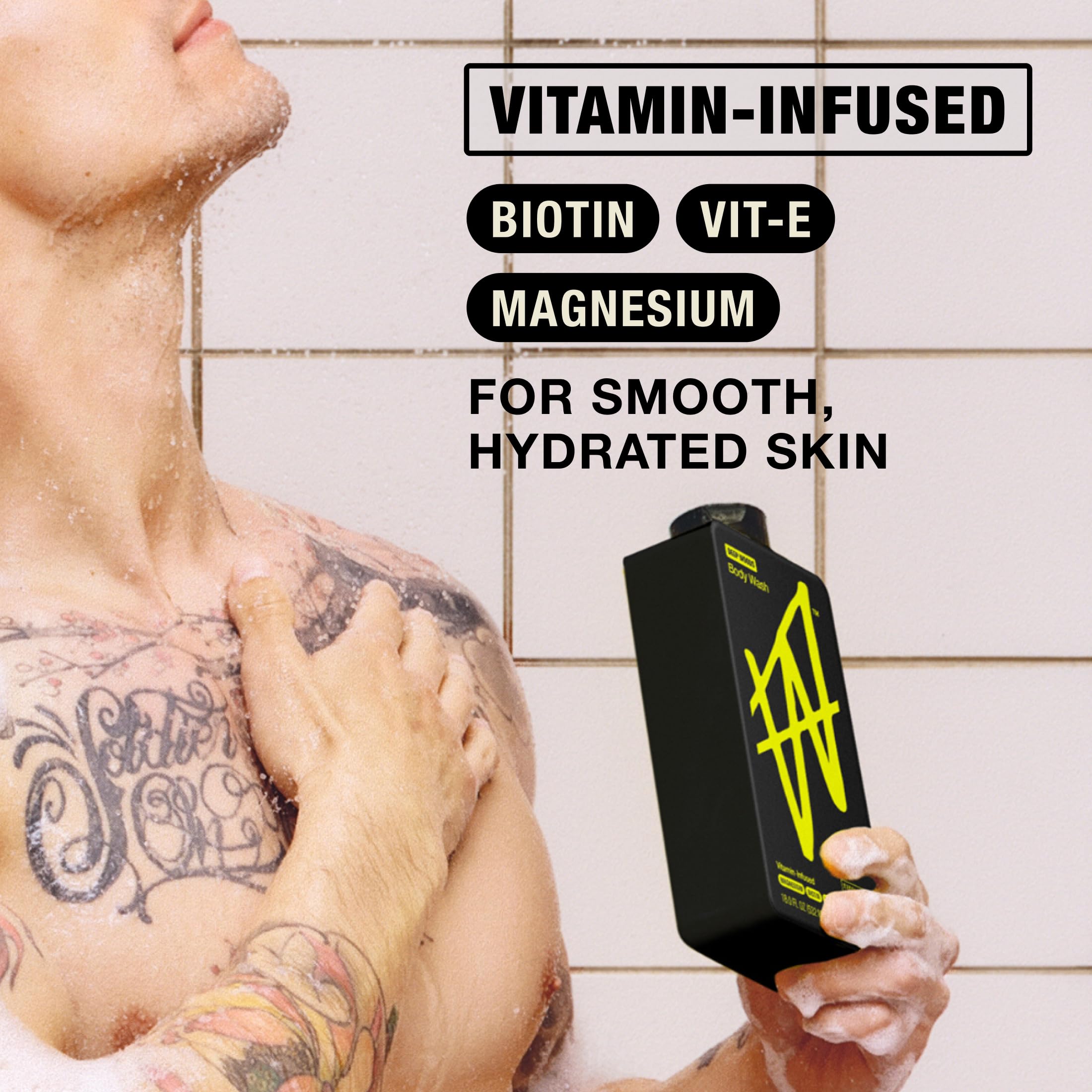 W by Jake Paul in-shower photo with male model demonstrating post-workout refresh benefit