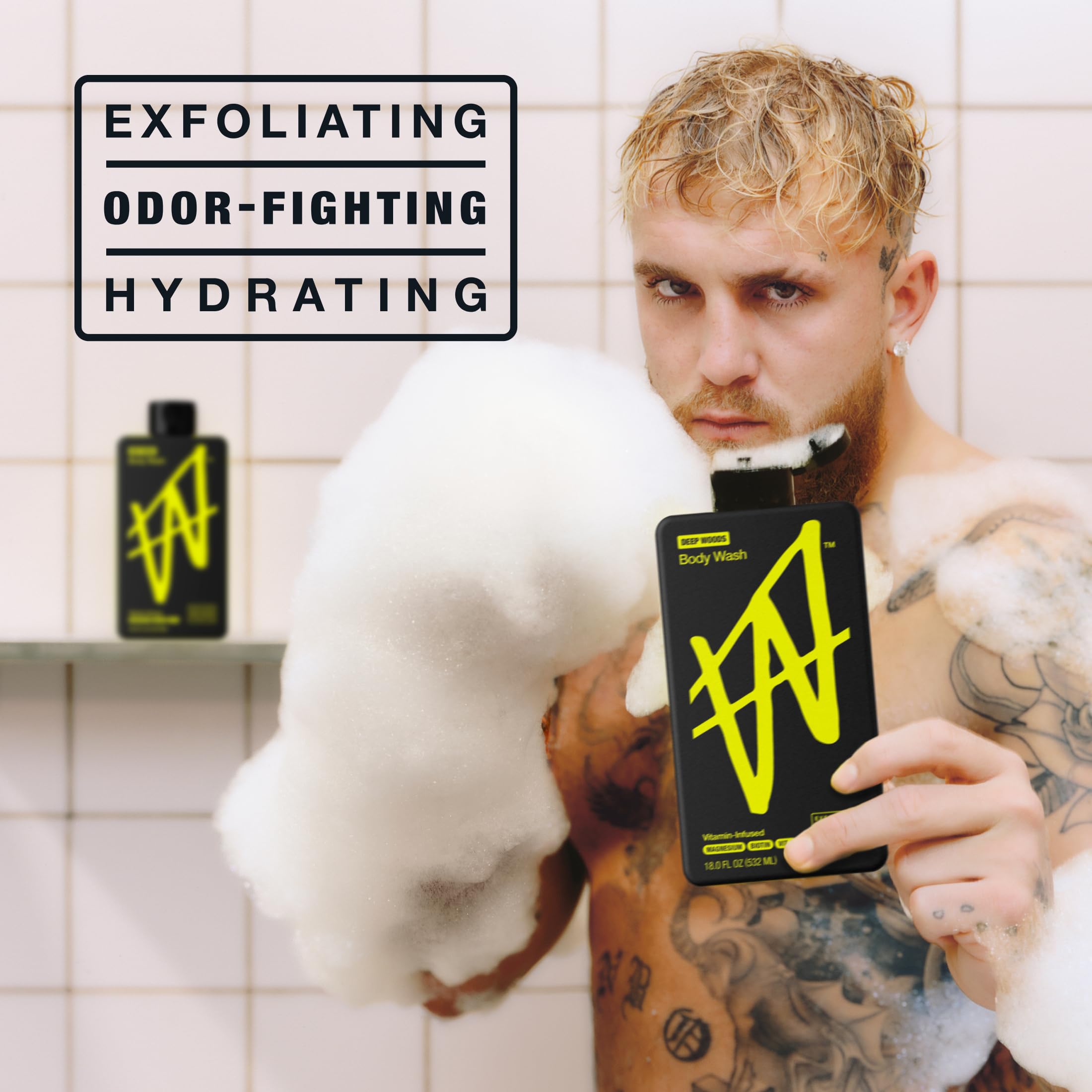 W by Jake Paul pump dispensing foam on hand showing easy application and effective lather benefit