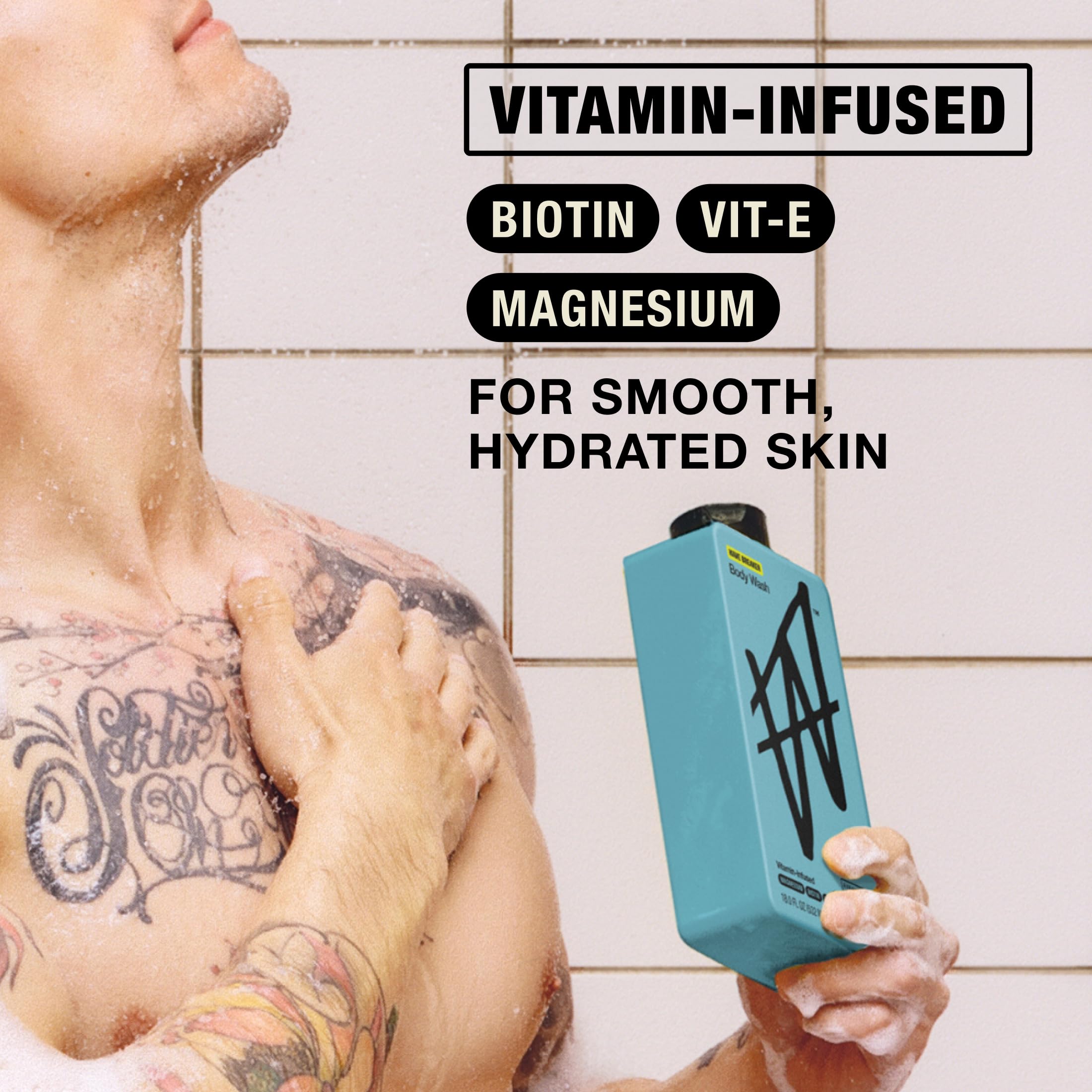 W by Jake Paul body wash in use under shower for effective post-workout clean