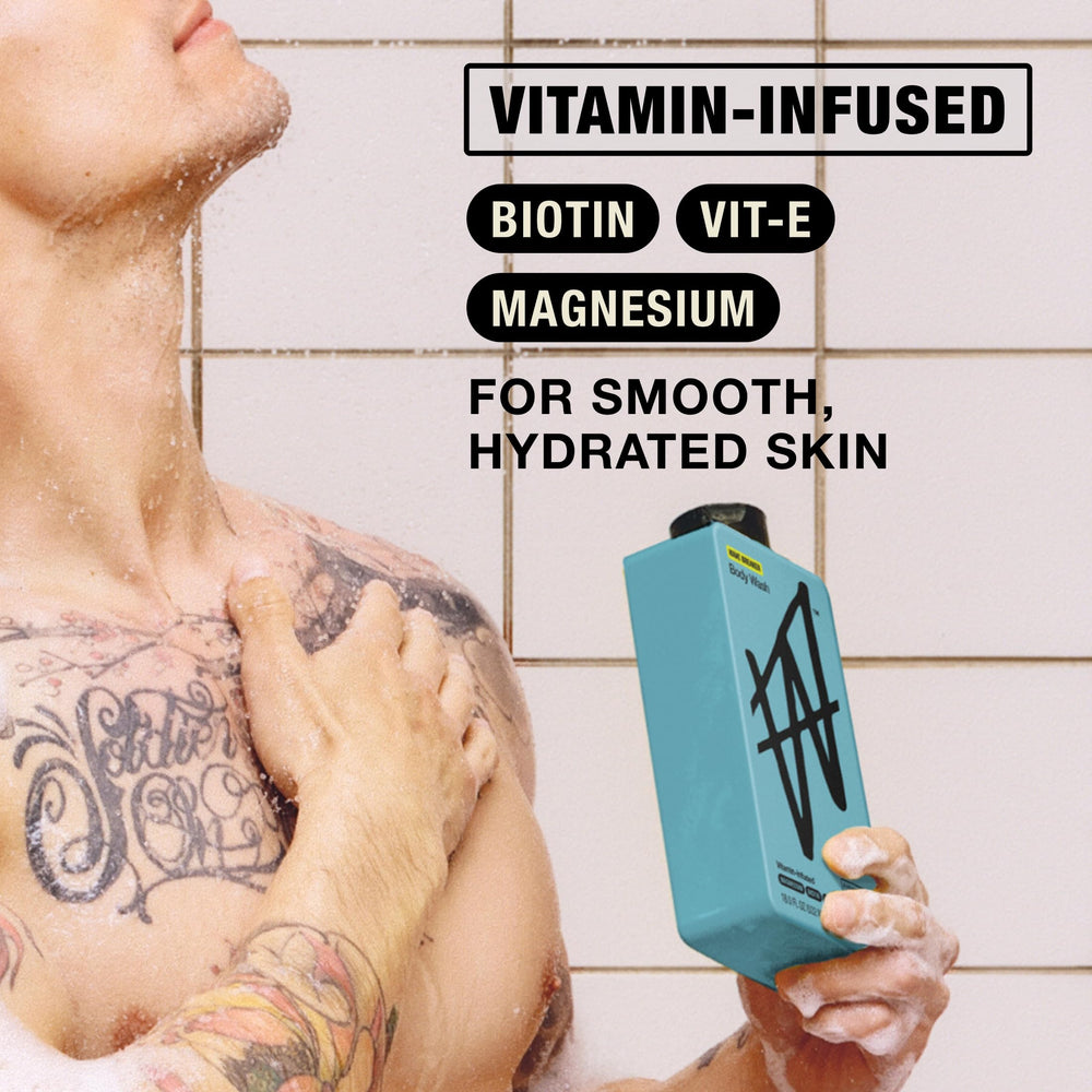 W by Jake Paul body wash in use under shower for effective post-workout clean