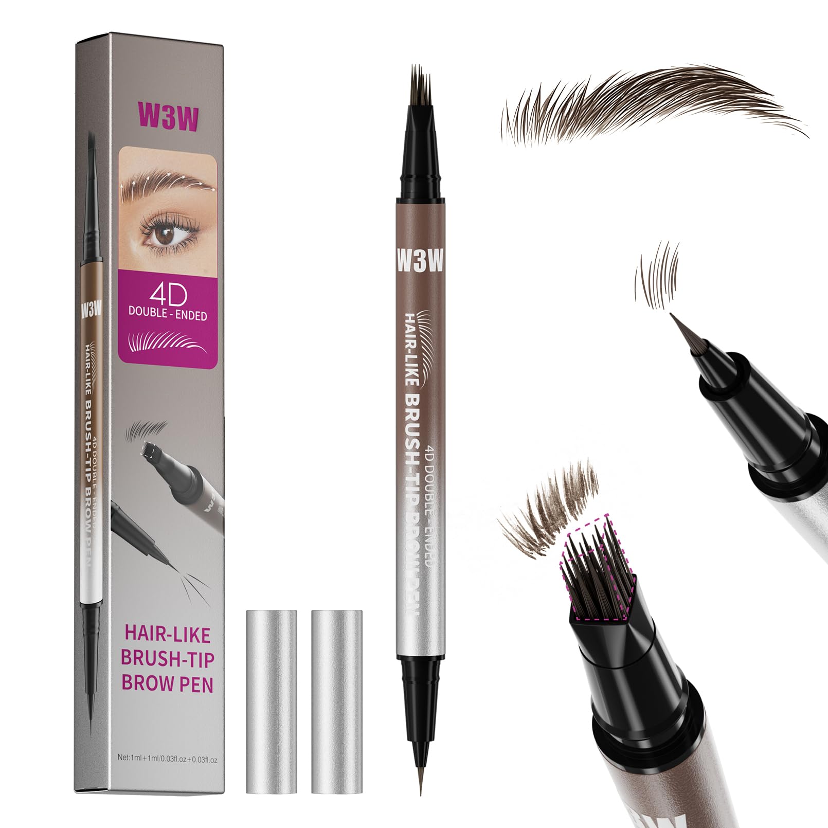 W3W brow pen front view showing packaging and medium brown shade benefit