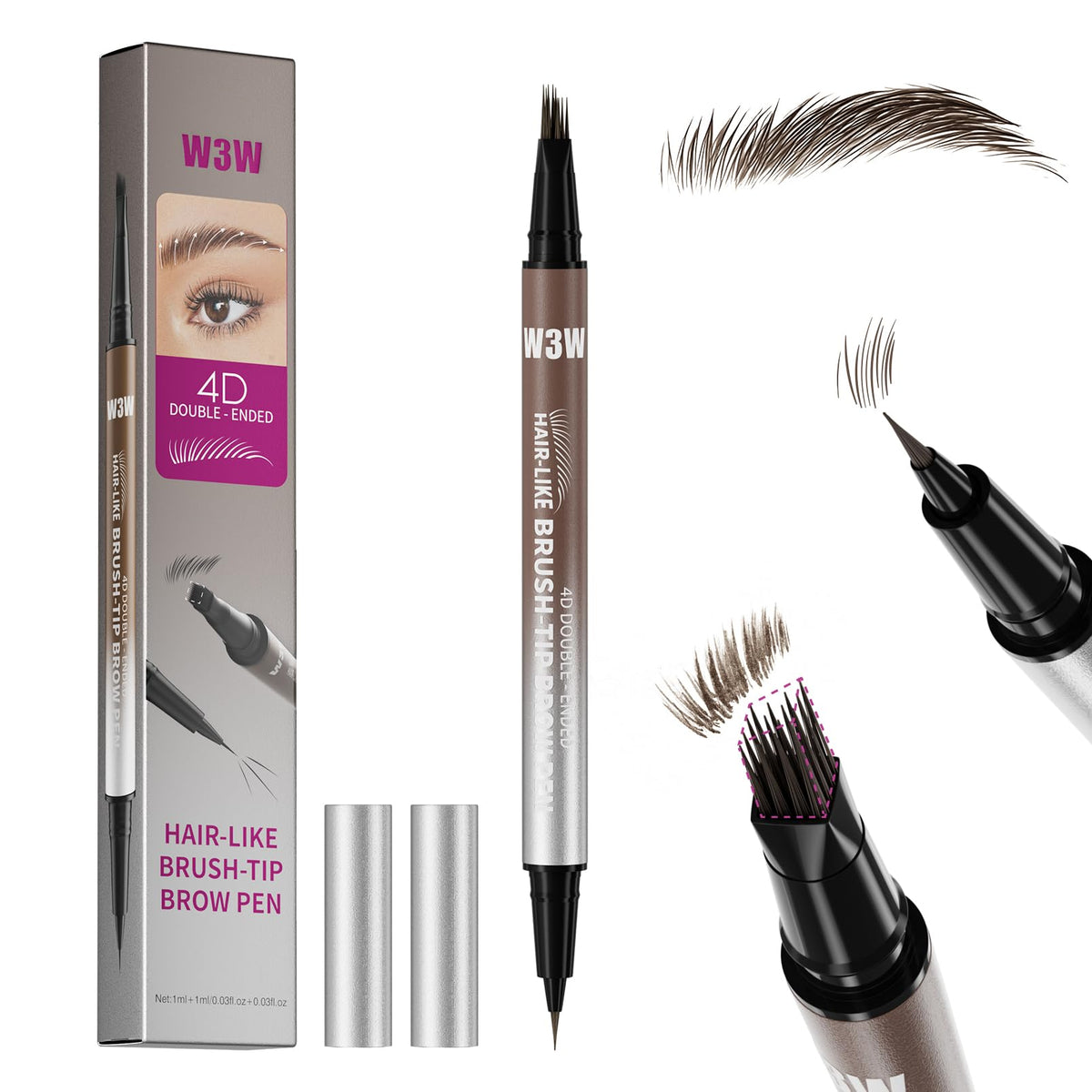 W3W brow pen front view showing packaging and medium brown shade benefit
