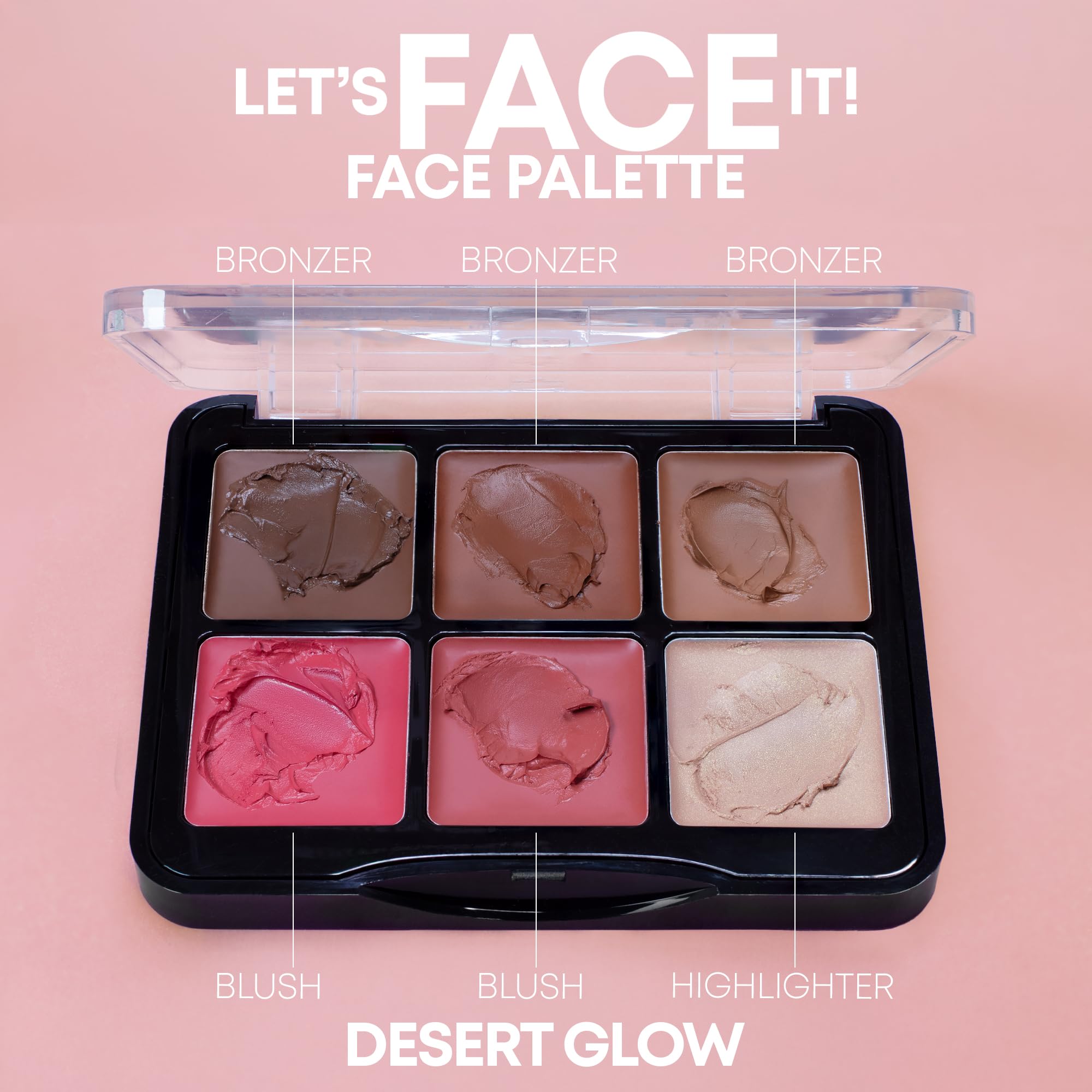 W7 palette open showing six pans for bronzer blush and highlighter benefit
