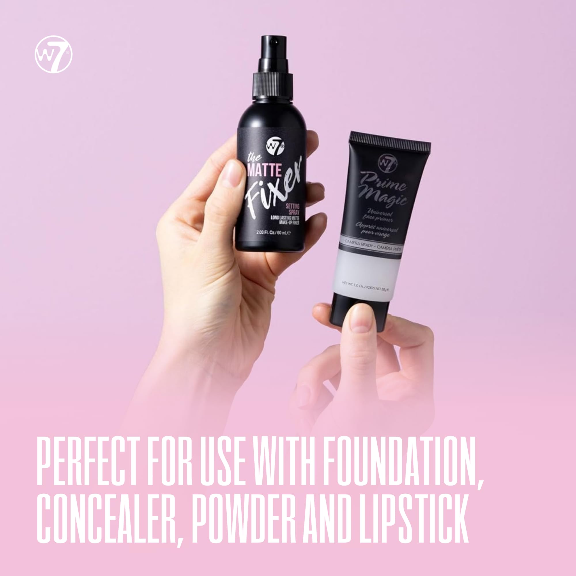 W7 primer and spray in hand illustrating size and portability