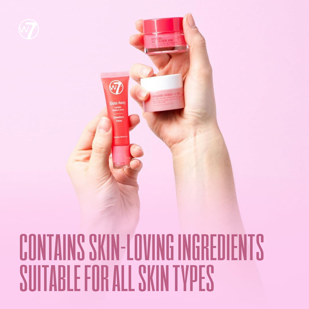W7 glossy balm applied on lips demonstrating instant shine and conditioning benefit