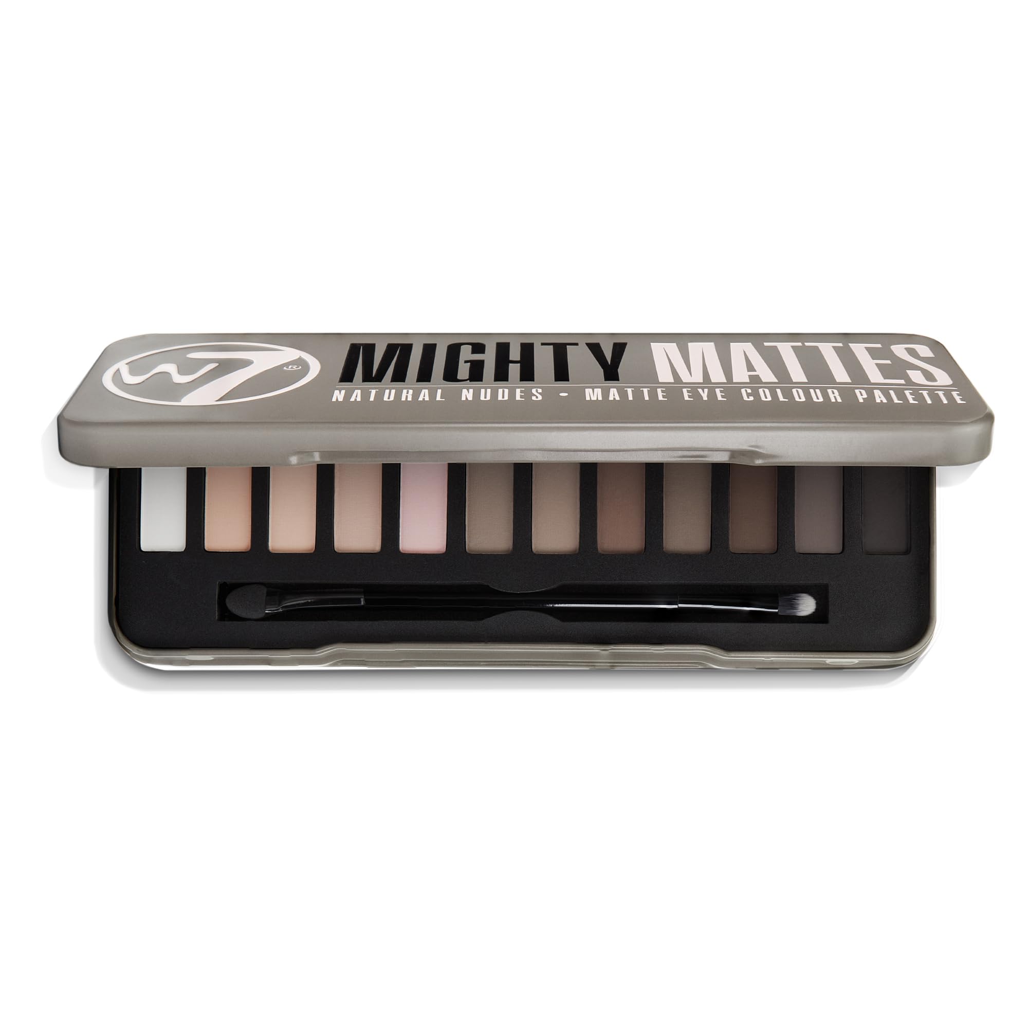 W7 open palette top-down view showing 12 matte shades for versatile looks