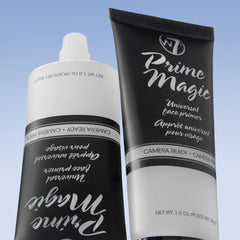 W7 Prime Magic Face Primer flatlay with brushes and foundation, W7 primer creates even canvas for makeup