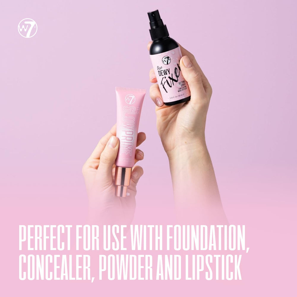 W7 primer and spray staged on a vanity for everyday radiant finish