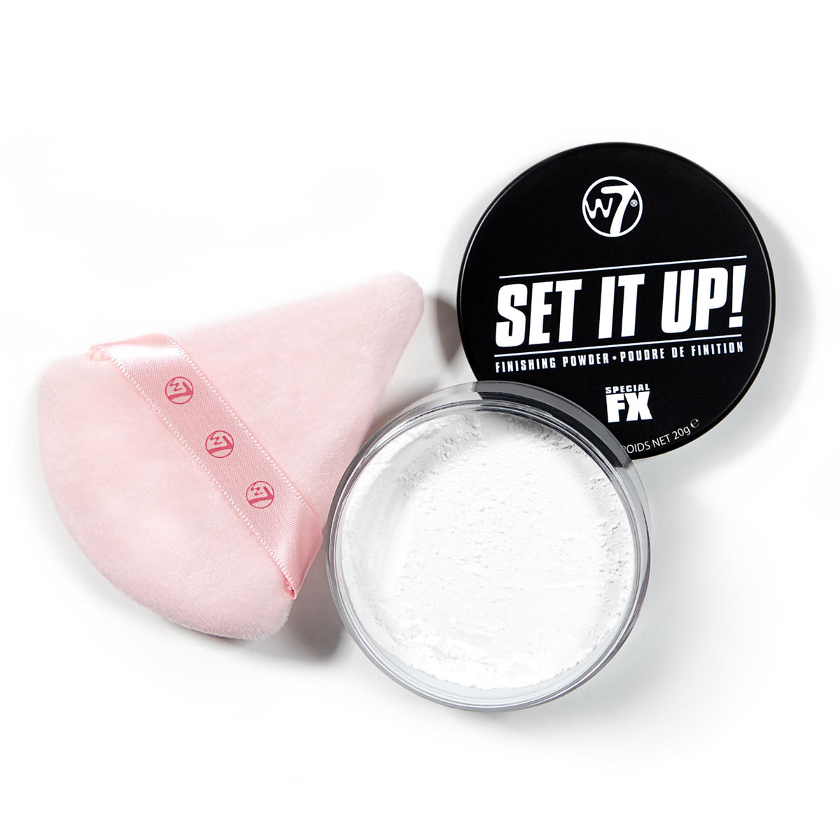 W7 jar front view showing translucent powder and neat packaging for quick identification and use