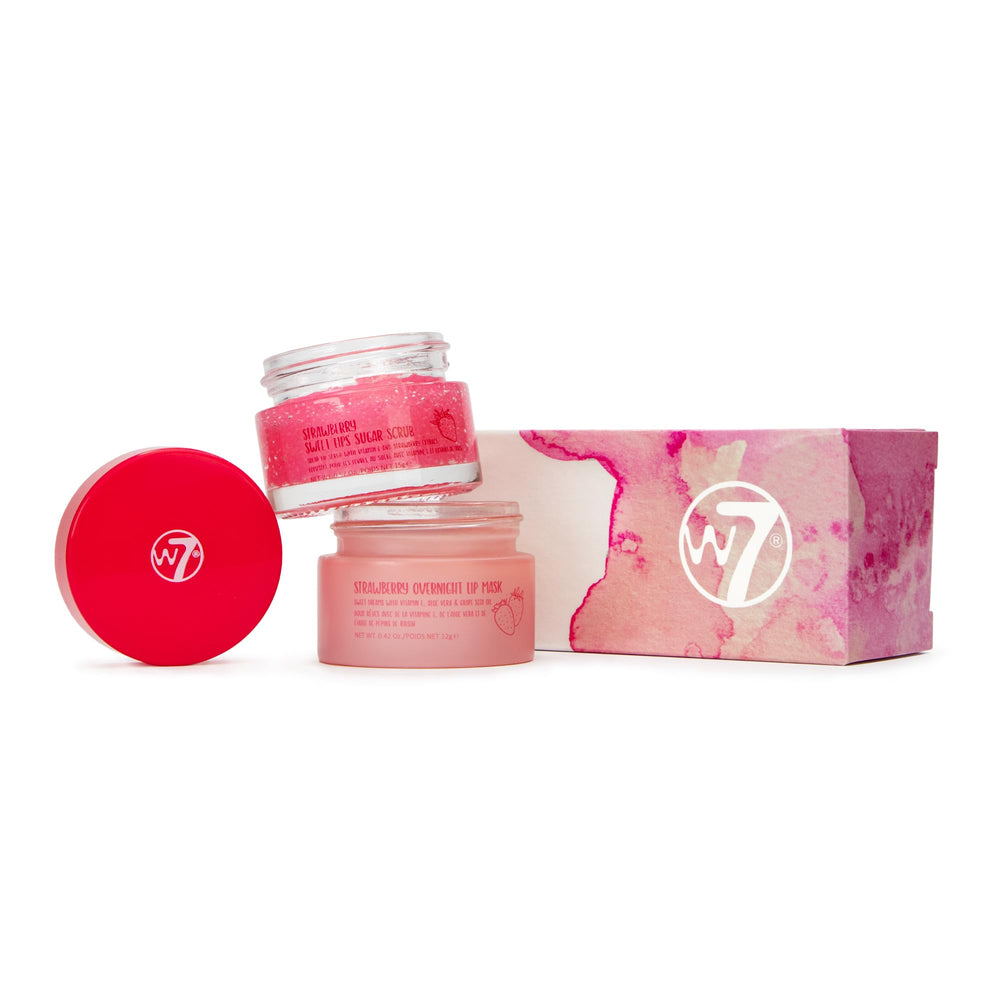 W7 front packaging shows duo set, clear labeling and strawberry scent benefits