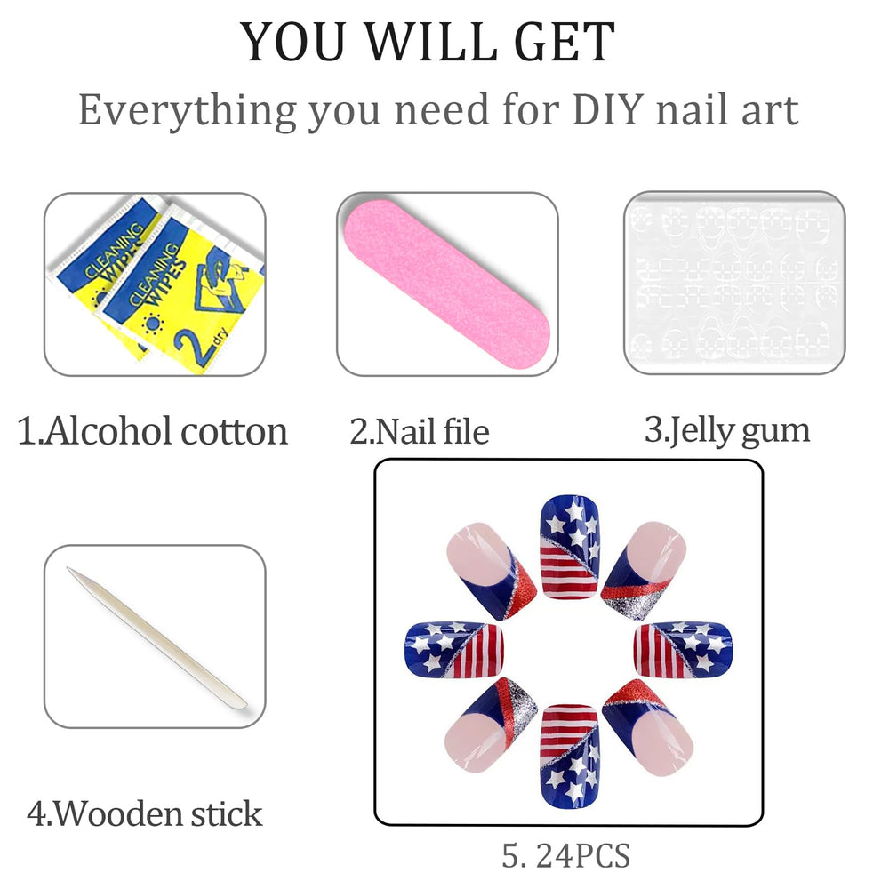 WAFOLOZE layout of 24 nails, nail file, wooden stick and jelly glue tabs for easy setup