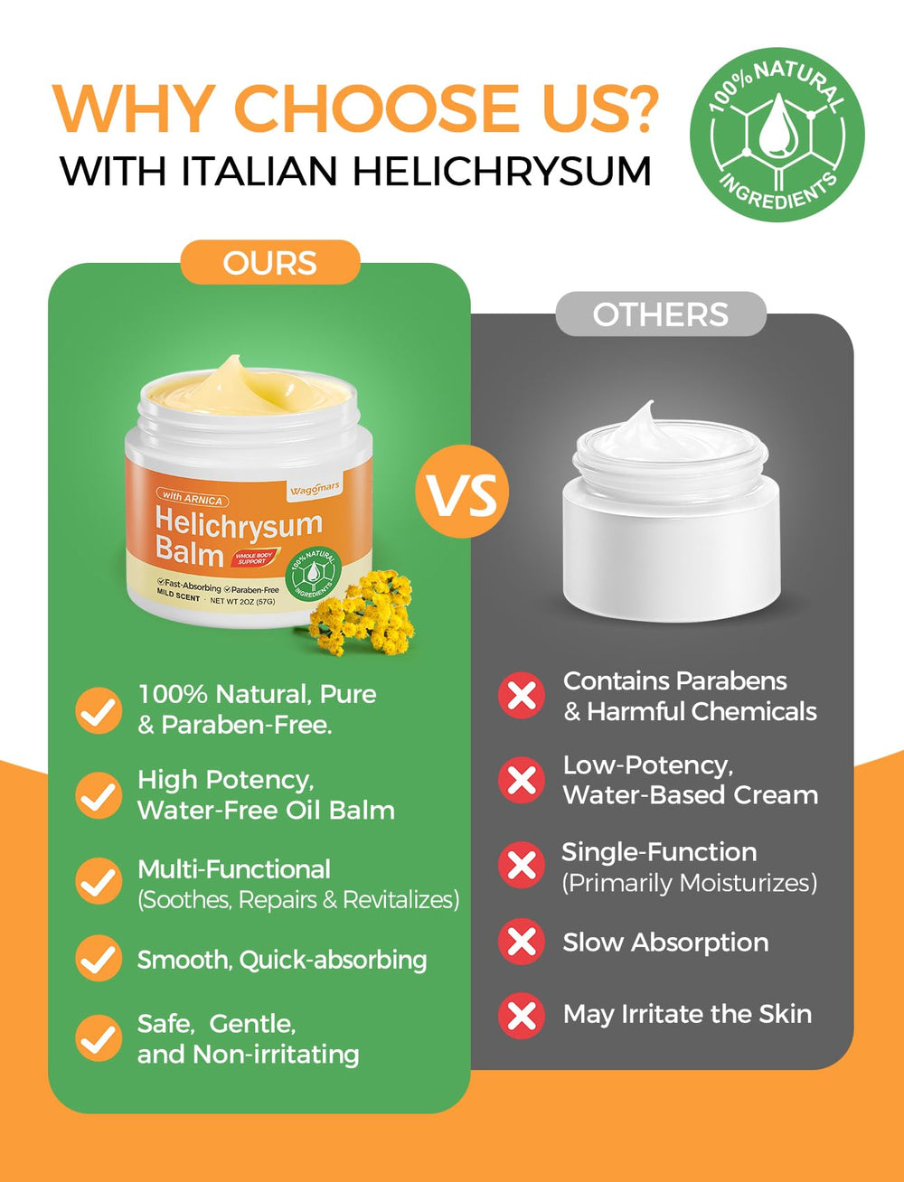Wagomars ingredients flatlay with arnica and helichrysum for repair